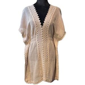 Sea Spice Resort Wear Crochet Beach Cruise Cover Up Dress Tan Peruvian Cotton LG